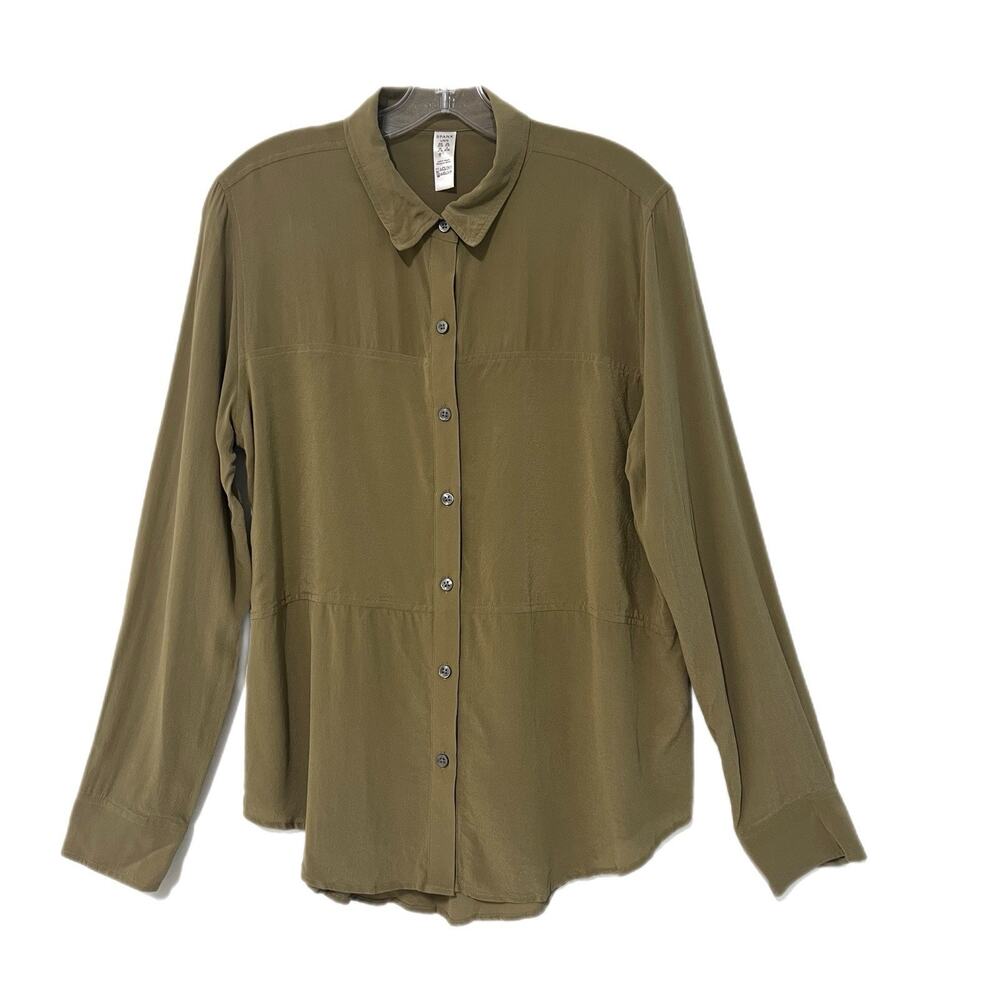 SPANX 100% Silk Button Front Blouse Green Large Minimalist Capsule Career Office